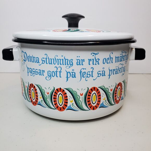 Berggren Vintage Swedish Folk Art Enamelware Pot with Lid - Picture 6 of 14